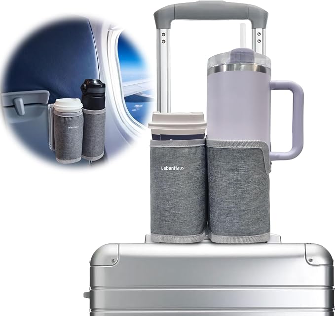 2 in 1 Luggage Cup Holder for Suitcase Airplane Cup Holder for Tray Table Drink by LebenHaus