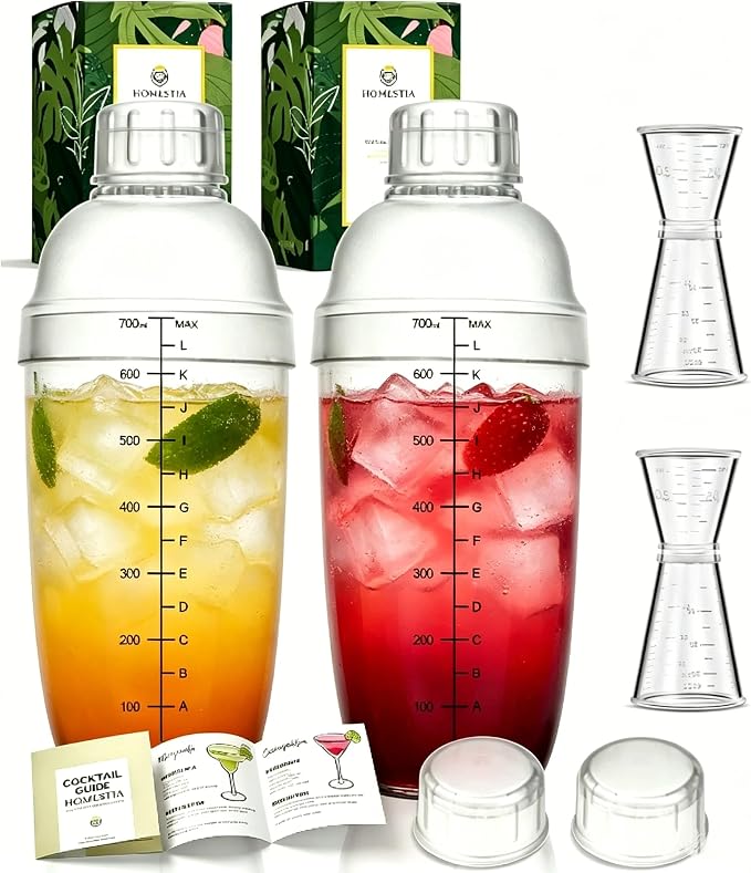 Homestia 4 Pack Plastic Cocktail Shaker Jigger Set, 700ml Clear Boston Shaker by Homestia