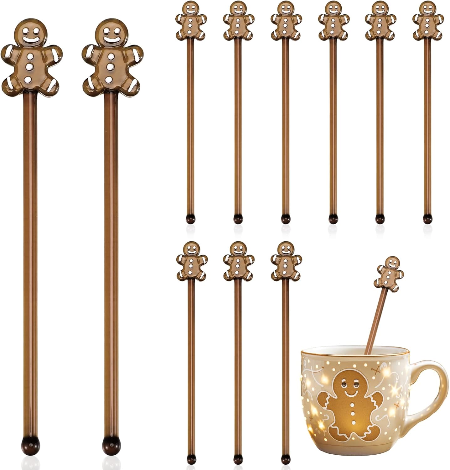 12 Pcs Christmas Glass Drink Stirrers 7 Inch Xmas Stir Sticks Reusable 3D Coffee and Cocktail Stirrers Hot Cocoa Bar Supplies for Holiday Party Favors (Gingerbread Man)
