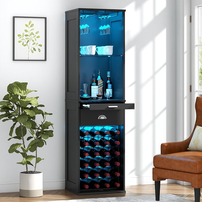 Loomie Wine Bar Cabinet with LED Lights, Kitchen Storage with Tray & Drawer & by LOOMIEDirect
