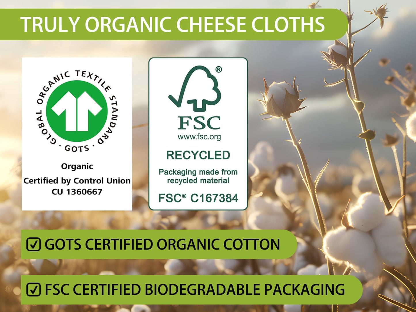 Organic Cheese Cloths, GOTS Certified, 4PCS, Grade 100,20x20Inch Hemmed Cheese Cloth Fabric Reusable Fine Mesh Cloth, 100% Cotton Unbleached Muslin Cheesecloth for Straining, Cooking, Butter,Tea,Tofu