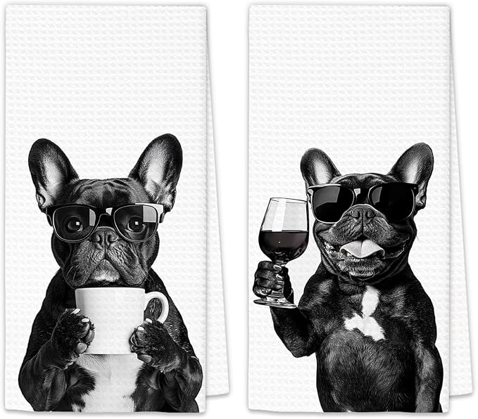 French Bulldog Gifts Coffee Wine Kitchen Towels Set of 2, Coffee Dog Dish Tea by OINDADE