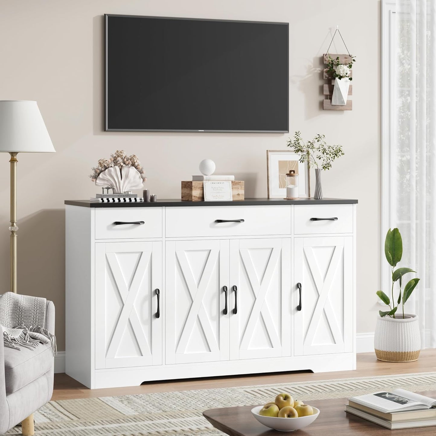 HOSTACK Buffet Sideboard Cabinet with Drawers, 55" Large Buffet Storage Cabinet with Shelves and Doors, Modern Farmhouse Coffee Bar Station Wood Kitchen Table for Kitchen, Dining Room, White/Black