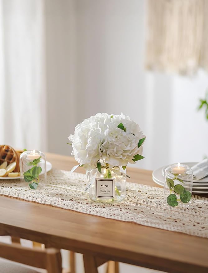BLOSMON Fake Flowers in Vase for Table: White Artificial Hydrangea - Image 7
