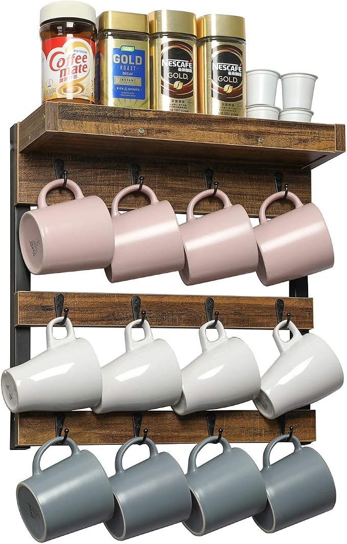 OROPY Coffee Mug Rack Wall Mounted, Rustic Wood Cups Rack - Image 6