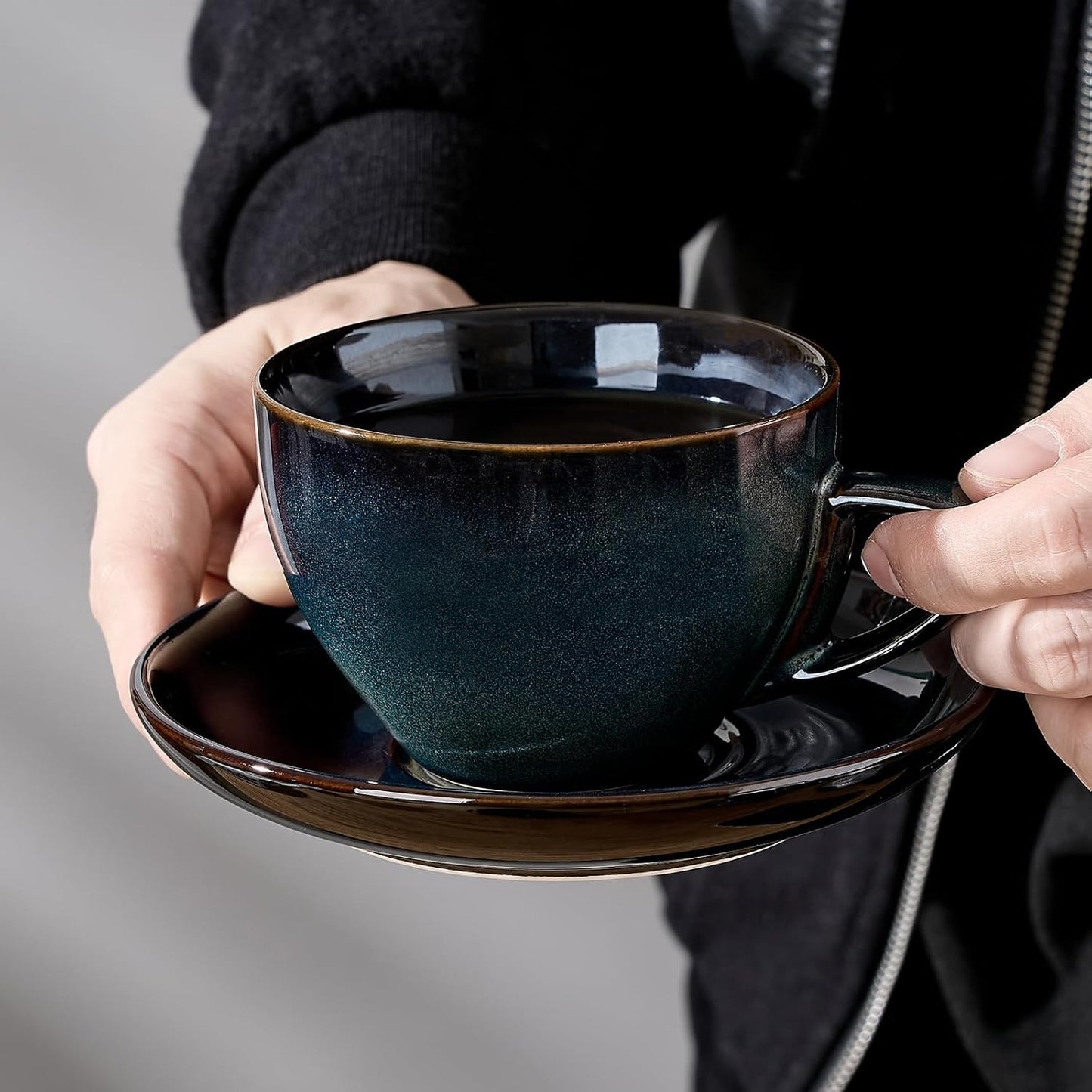 SIDUCAL Espresso Cups Set of 4 [8oz] Porcelain Coffee Cups with Saucers and Holder,Latte Cups- Latte Art Cup - Microwave/Dishwasher Safe,Espresso Demitasse Cups(Blue and Green)