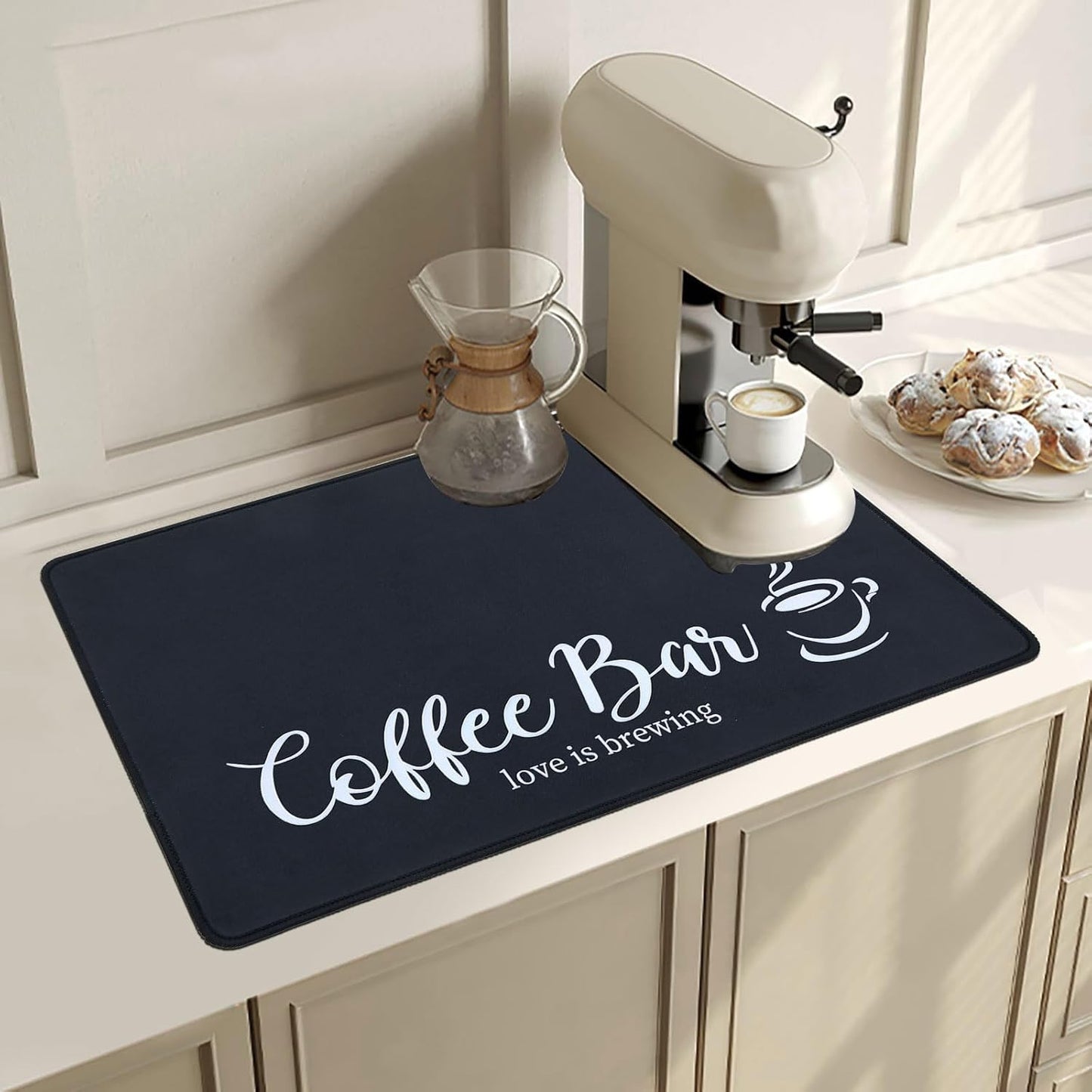 SHACOS Coffee Mat 2-Pack 12x19 Inch Absorbent Non Slip Rubber Bar Accessories Coffee Maker Mat for Countertop Dish Drying Mat Heat Resistant, Black
