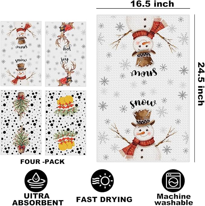 4 Pcs Christmas Kitchen Towels, Merry Christmas Tree Reindeer Tea Hand Towel - Image 2