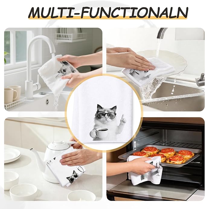 Funny Cat Kitchen Towels Set of 4-16x24 Inch Absorbent Microfiber Dish Towels - Image 4