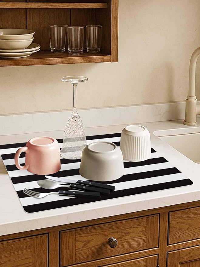 Black and White Stripes Coffee Mat Classic Geometric Absorbent Bar Mat - Image 4