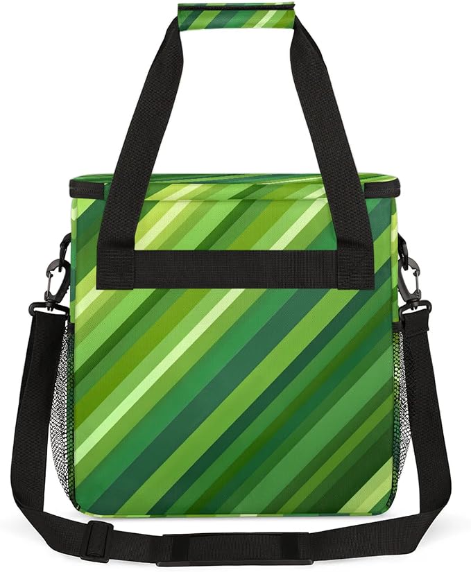 Green Coffee Maker Travel Bag, Stripes Insulated Grocery Bag Travel Picnic - Image 5