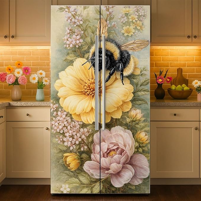 2 Pcs Bee Flower Removable Refrigerator Wraps, Self-Adhesive Vintage Floral Bee by GOMAKERER