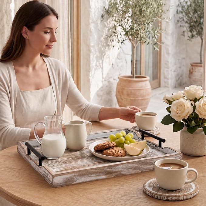 Wood Serving Tray with Metal Handles, 17x13in Large Wooden Tray - Image 3