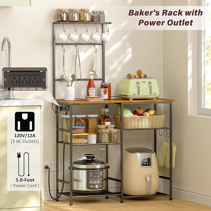 3IngSeagulls Bakers Rack with Power Outlet, Kitchen Microwave Stand with 10 - Image 3