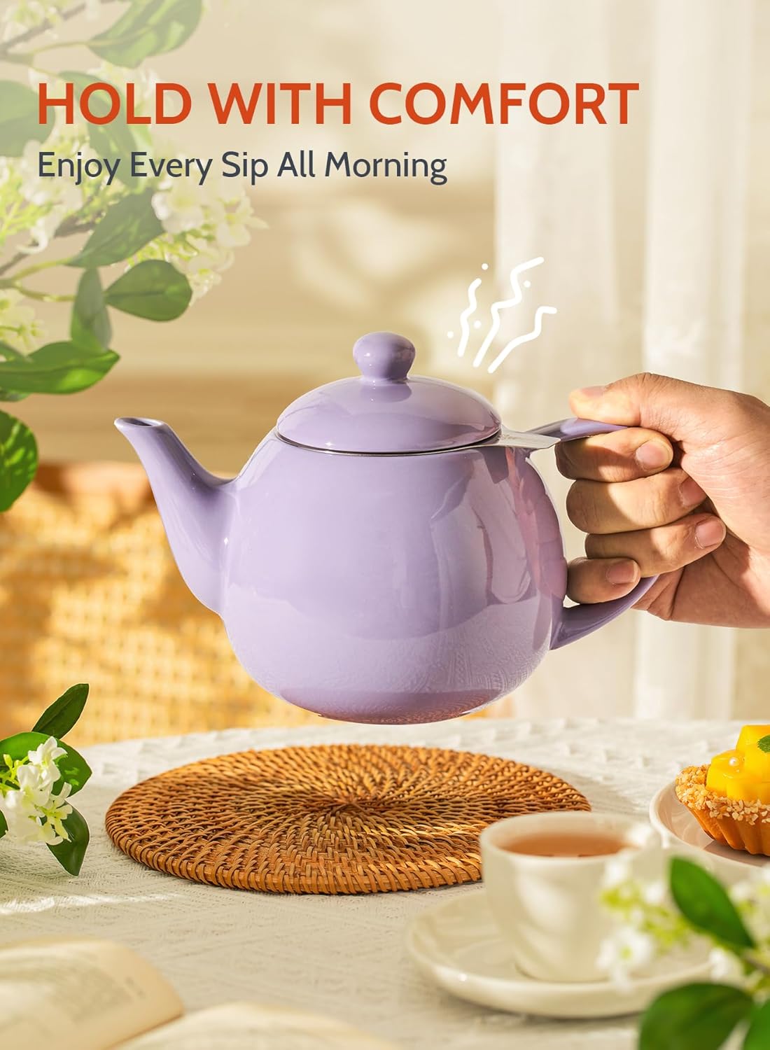 Sweese Teapots for Tea, 27 oz Porcelain Tea pot with Removable Stainless Steel Infuser, Tea Pots for Loose Tea - Purple