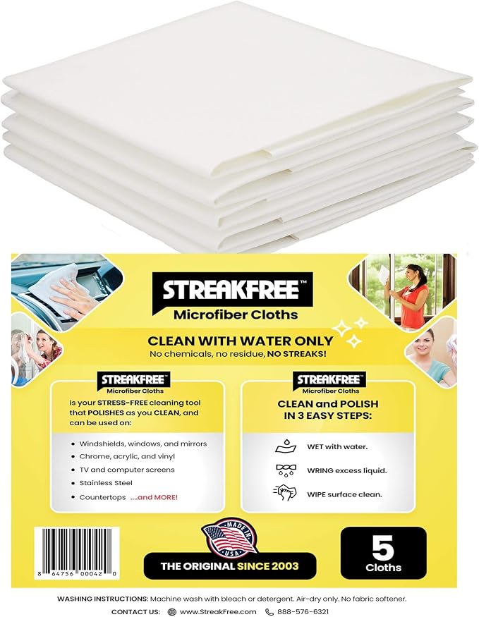 Microfiber Glass Cleaning Cloths – 5 Pack 16x16 Lint Free Window & Mirror by StreakFree