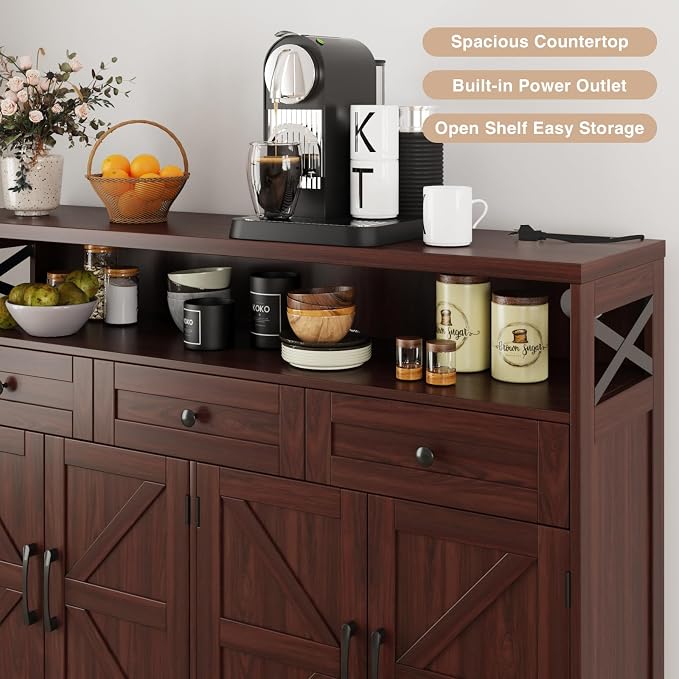 51" Dark Brown Buffet Sideboard Cabinet, Farmhouse Storage Cabinet Kitchen - Image 6