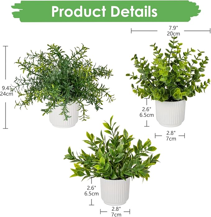 Hollyone 3 Pack Artificial Potted Plants Eucalyptus Rosemary ZZ Plant - Image 2
