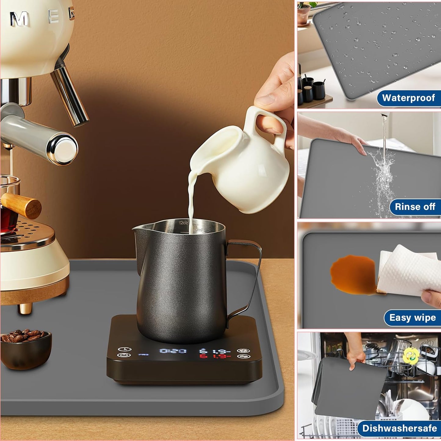 Silicone Coffee Mat - Removable Bar Mat with Concave and Convex Design, Leak-Proof and Non-Slip, Suitable for Use Under the Coffee Machine to Keep the Countertop Clean (Grey19"x12")