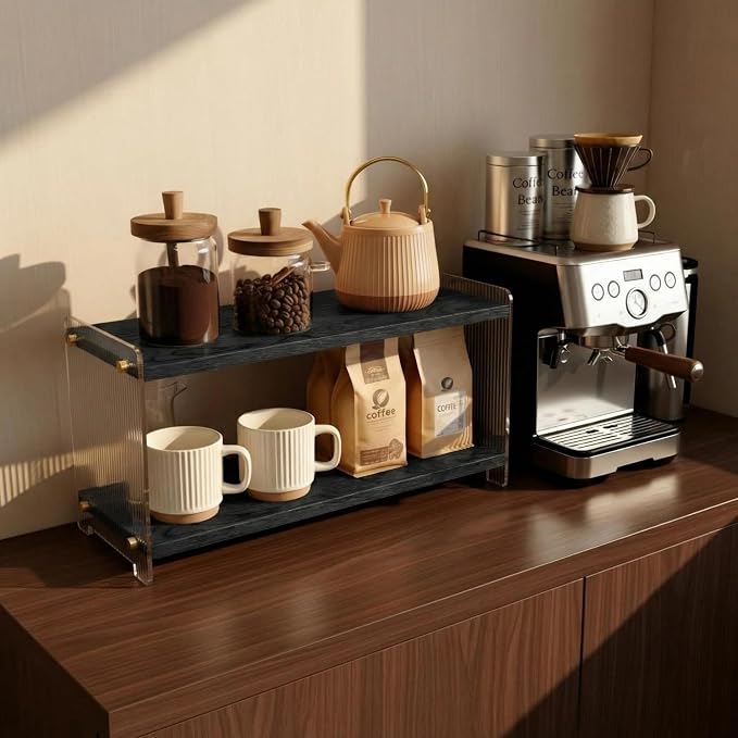 Coffee Station Organizer 2 Tier, Solid Wood Mug Shelffor Coffee Bar, Matcha - Image 4