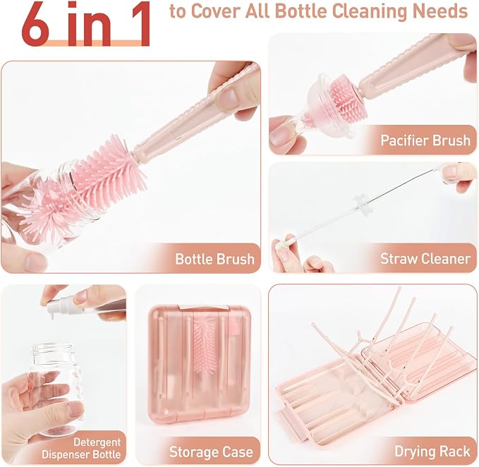 Baby Bottle Brush Set, 6-in-1 Travel Bottle Cleaner Kit - Image 4