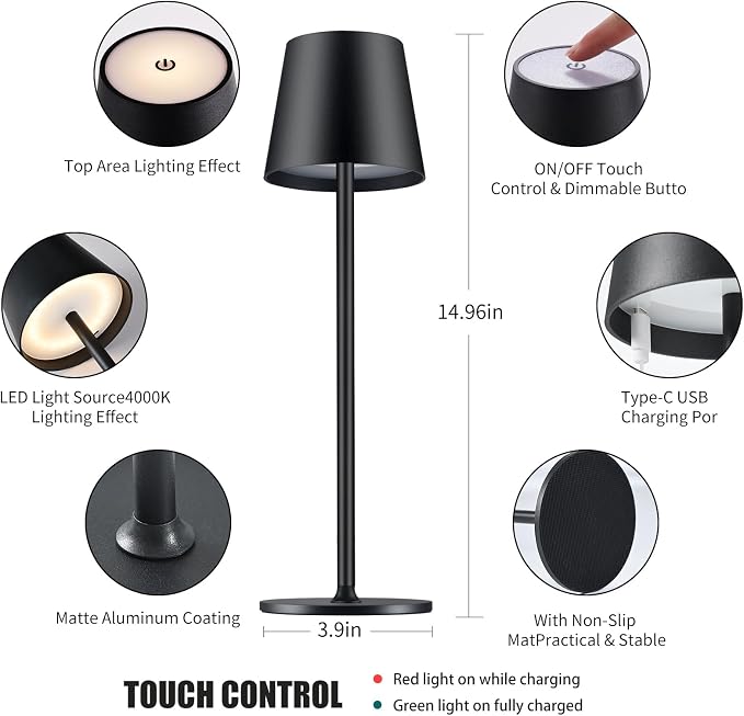BGFHome Cordless Table Lamp LED Desk Lamp, 5000mAh Rechargeable Touch Night - Image 4