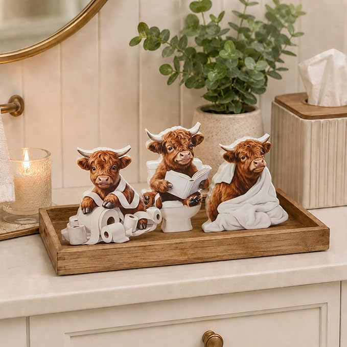 3 Pcs Funny Highland Cow Bathroom Decor Set, Highland Cow Decor Wooden Tabletop - Image 5