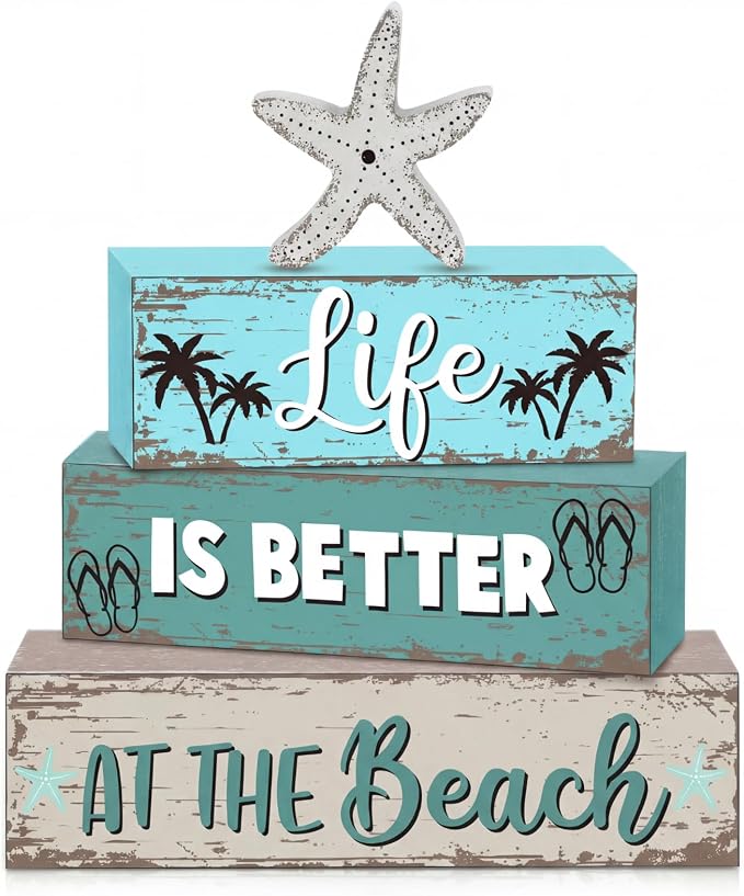 Geelin 4 Pcs Summer Table Decorations Ocean Life Better Wooden Block Signs by Geelin