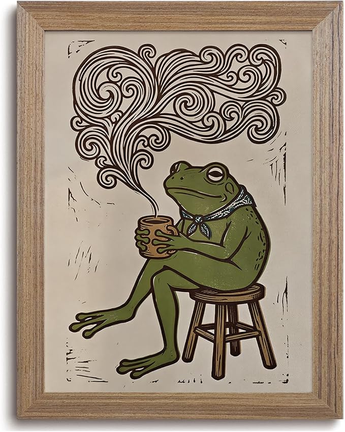 JQ7OL Whimsical Wall Art Frog Drinking Coffee Wall Art Wood Framed Funny by Unknown