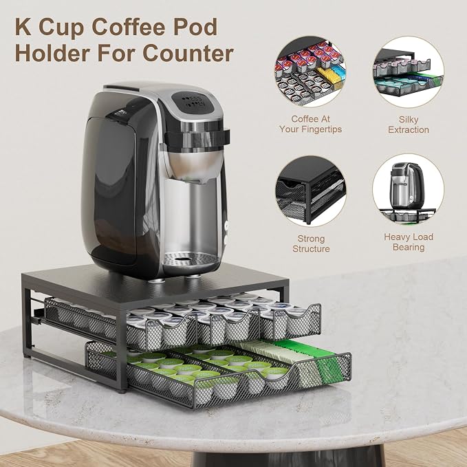 Coffee Pod Holder For Counter, 3 Pull-Out 72 K-Cup Holder Drawer, Wooden Cafe - Image 4