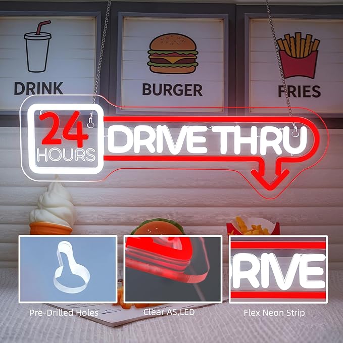 Open 24 Hours Neon Sign Drive Thru Open Neon Light Drive Thru LED Sign - Image 6