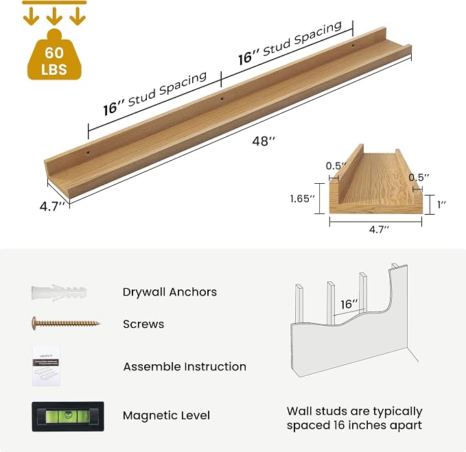 Acovy Solid Ash Wood Picture Ledge Shelf, Wood Floating Shelves Set of 2 - Image 3