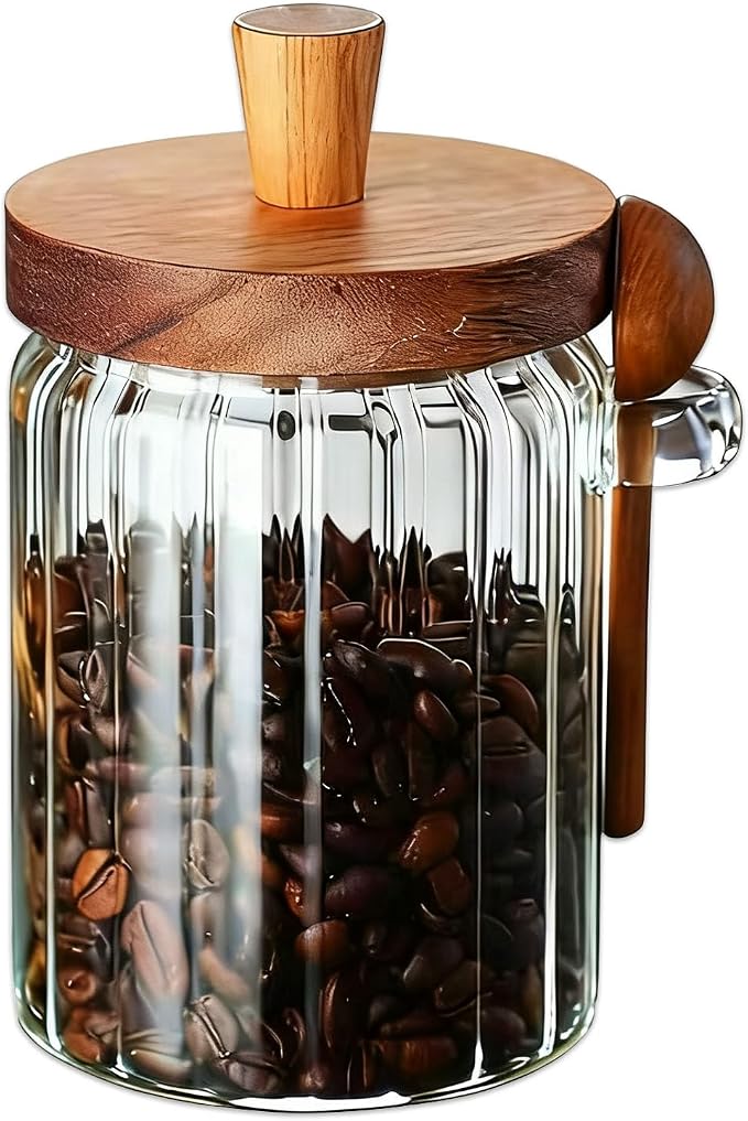Glass Jar With Wooden Lid And Spoon, Glass Food Storage Canister, Airtight by Unknown