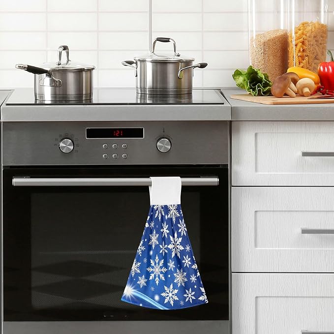 Winter Blue Snowflakes Kitchen Hanging Towel White Snow Hand Fingertip Bath Tie - Image 2
