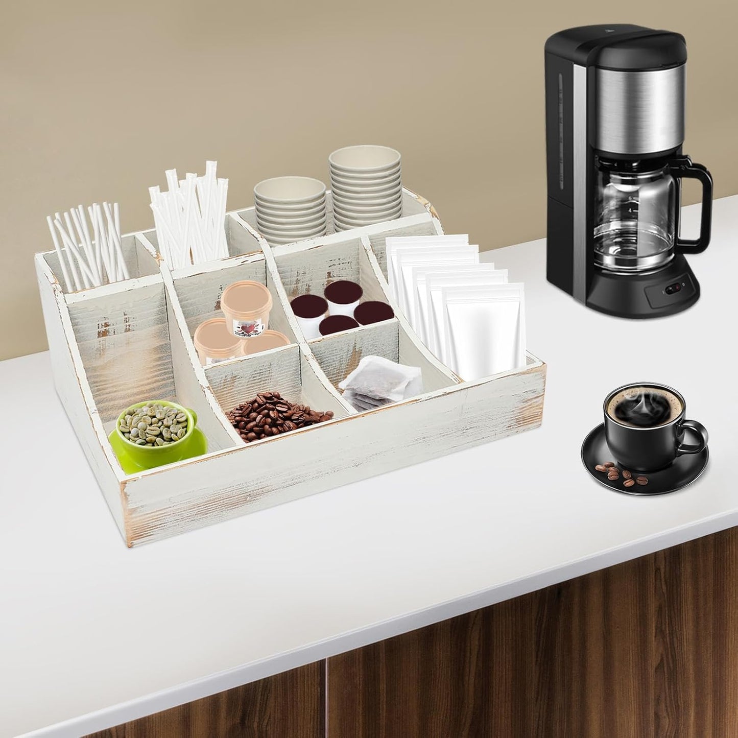 Coffee Bar Organizer for Countertop, Wooden Condiment Organizer Coffee Station Organizer Coffee Cup Syrup Pod Holder, Coffee Bar Organizer for Home Office Cafe, 9 Compartment, White