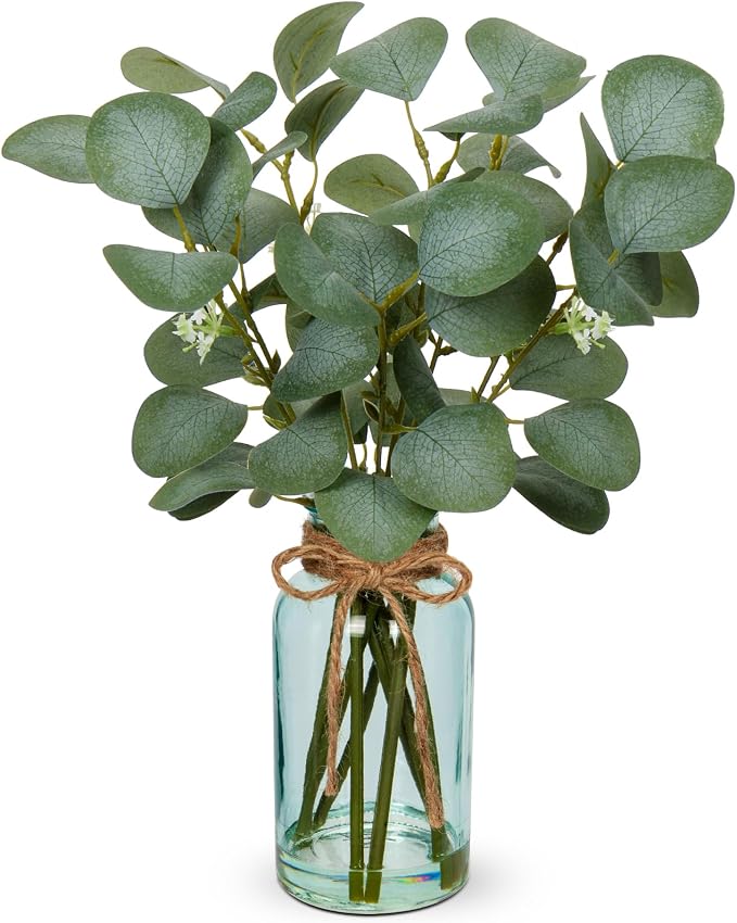 Briful Artificial Eucalyptus Stems in Blue Glass Vase by Briful