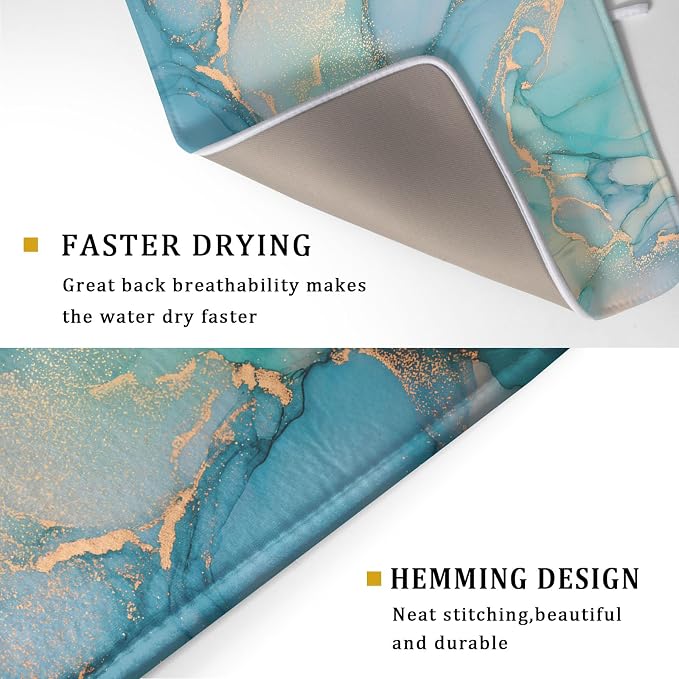 Marble Dish Drying Mat for Kitchen Counter Blue Teal Turquoise Gold Drying Mat - Image 3