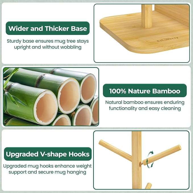 EsLuker.ly Mug Tree Holder Stand, Countertop Bamboo Coffee Cup Organizer Rack - Image 4