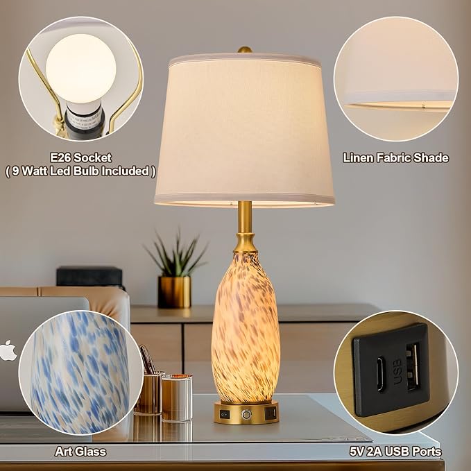 AIDENOEY 26" Modern Art Glass Table & Bedside Lamp, Stepless Dimmable Base + - Image 2