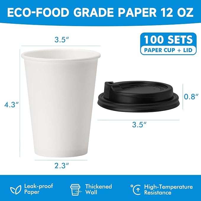 RACETOP 100 Pack 12 oz Disposable Paper Coffee Cups - Image 2