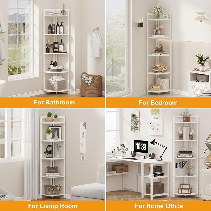 FATORRI Tall Corner Shelf, 5 Tier Modern Corner Bookshelf Stand, Wood and Metal - Image 4
