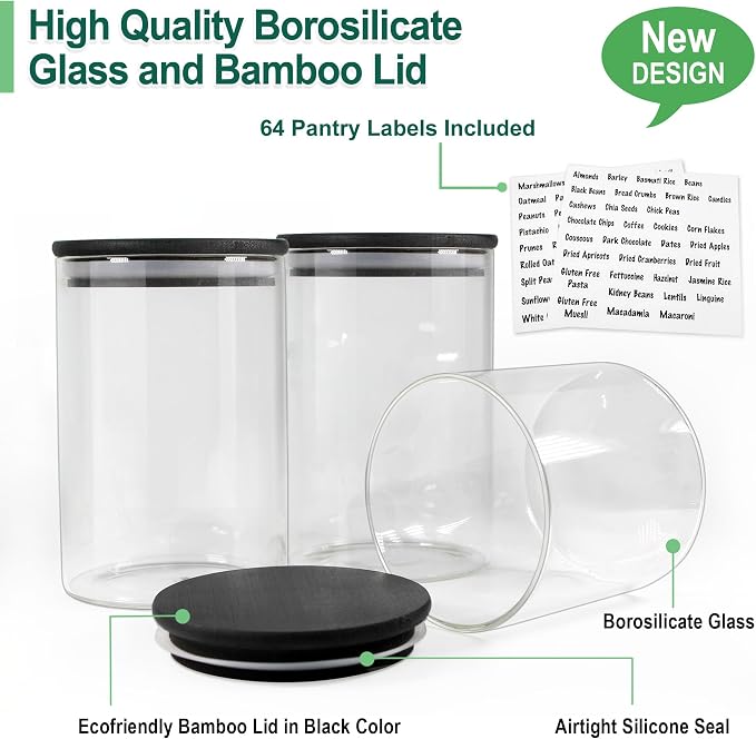 Urban Green Glass Jars with Black Lids, Glass food storage container sets with - Image 2