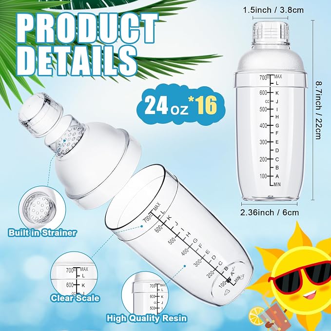 Lallisa 16 Pcs Plastic Cocktail Shaker Set Drink Mixer Clear Shaker Cup - Image 2