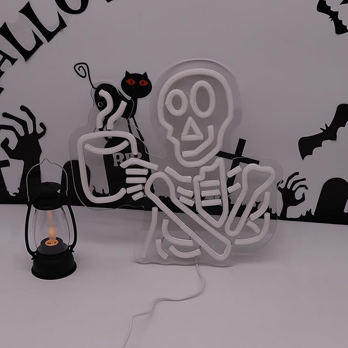 Coffee Skeleton Neon Sign for Wall Decor, Halloween Neon Light Sign Skull Lamp - Image 2