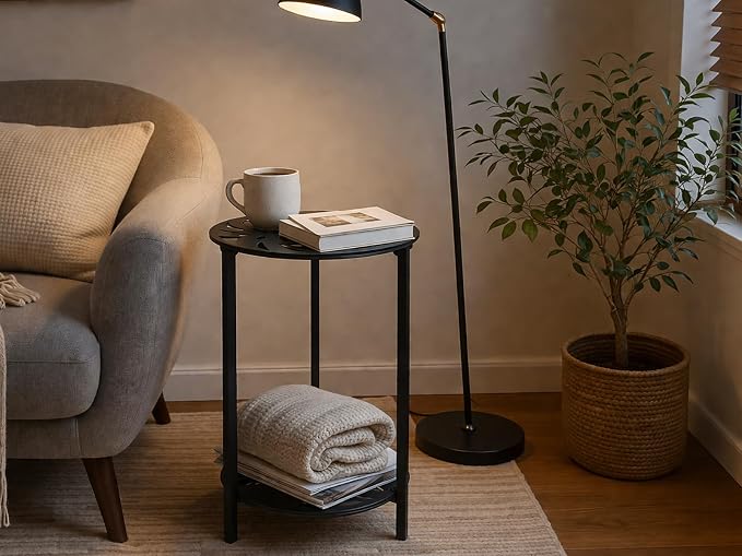 2-Tier Metal Round Side Table Black Accent Coffee Tables Small Space Corner - Image 2