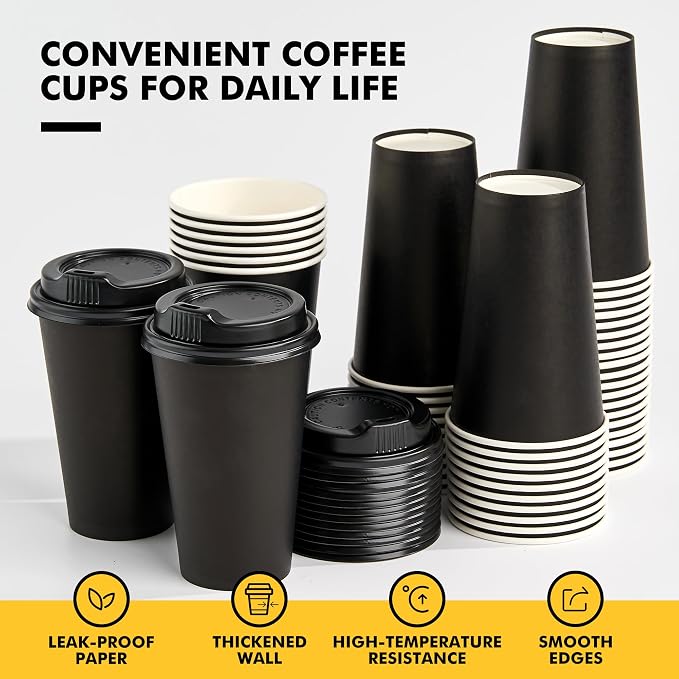 RACETOP 16 oz Paper Coffee Cups, 100 Pack Black Disposable Coffee Cups - Image 8