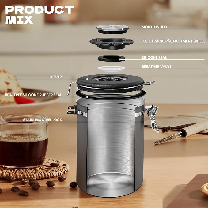 38oz Airtight Coffee Canister, Stainless Steel Coffee Bean Storage Container - Image 3