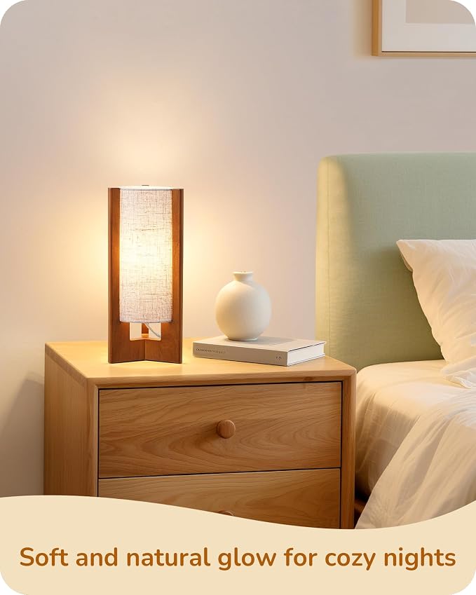 EDISHINE 13.5" Small Table Lamp, Walnut Wood Cylinder Nightstand Lamp - Image 7