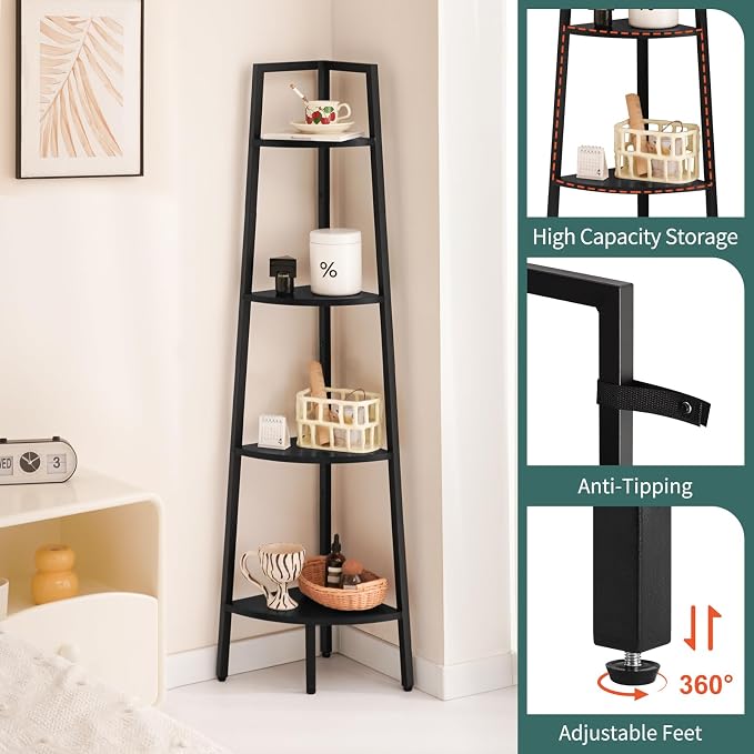 Yoobure 4‑Tier Corner Shelf – Sturdy Metal Frame & Wood Ladder Bookshelf - Image 4