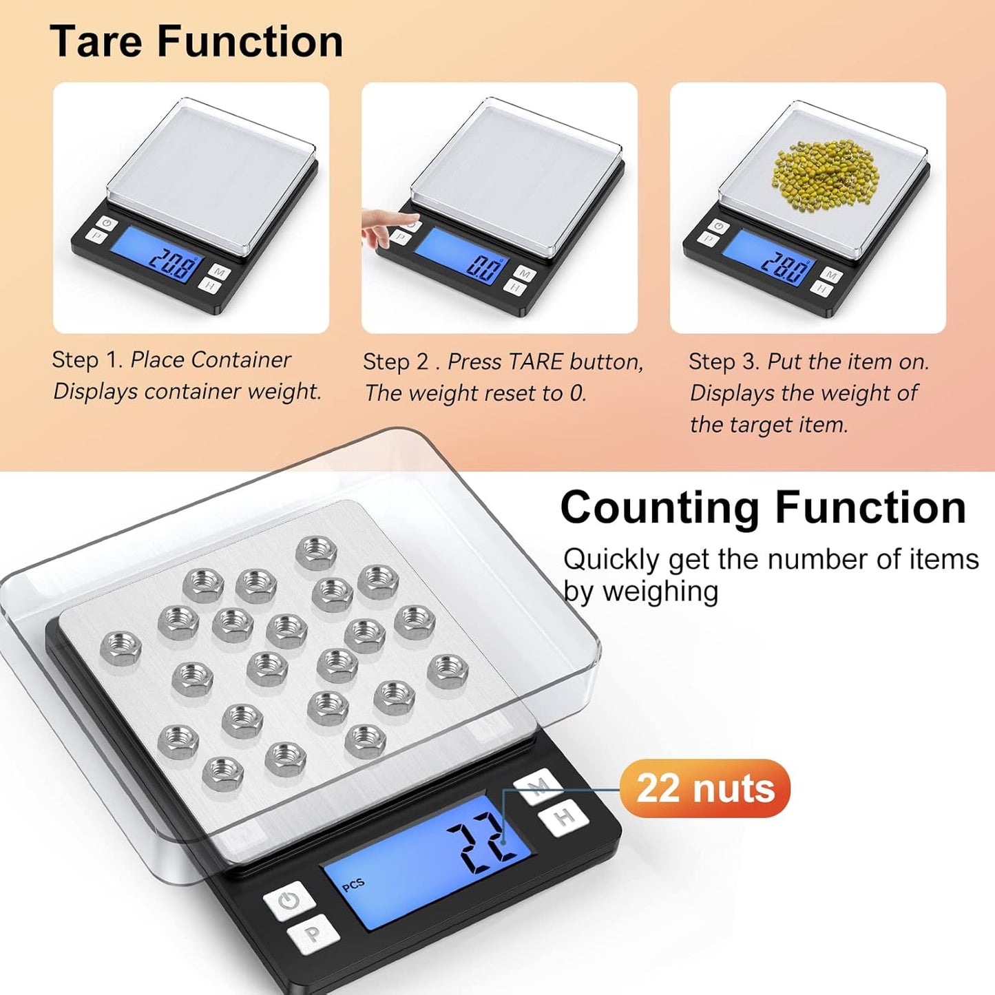 BOMATA Upgraded Small Food Scale, 0.1 g/0.001 oz High Precision, 3000 g/6.6 lb, with New Hold Function and Larger Display, USB Rechargeable, Digital Kitchen Scale for Small Item, Jewelry. Black